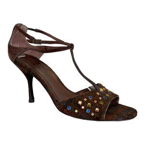 Vintage 90s Y2K Cole Haan T-Strap Heel Brown Plaid Tweed Rhinestone Open Toe 9.5